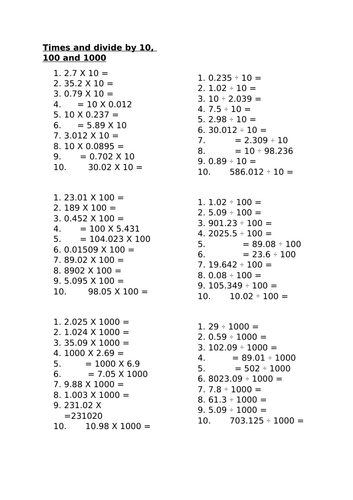 Math - Times and Divide by 10,100 and 1000