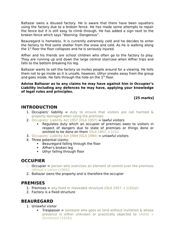 A-Level Law: OLA 1984 Scenario Essay + Model Plan + Answer - Eduqas Tort Law