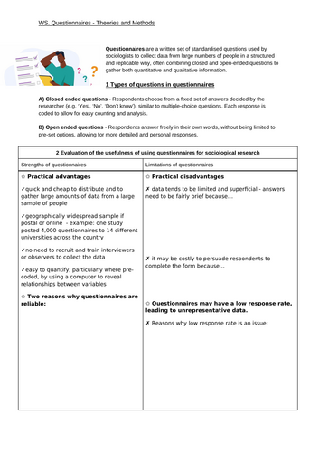 A Level Sociology - Questionnaires Worksheet [EDITABLE] for Theories and Methods & Methods in Contex