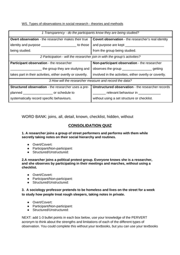 A Level Sociology - Types of Observations Worksheet [EDITABLE]