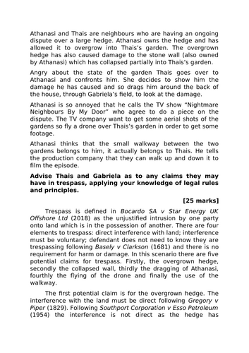 A-Level Law: Trespass Scenario + Model Plan + Answer - Eduqas Tort Law