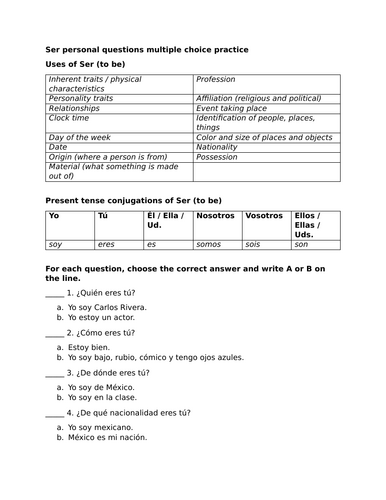 Ser personal questions multiple choice practice
