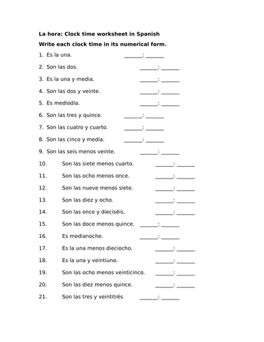La hora: Clock time worksheet in Spanish