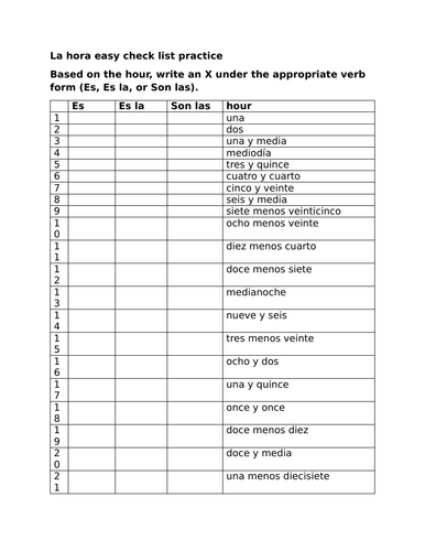 La hora easy check list practice