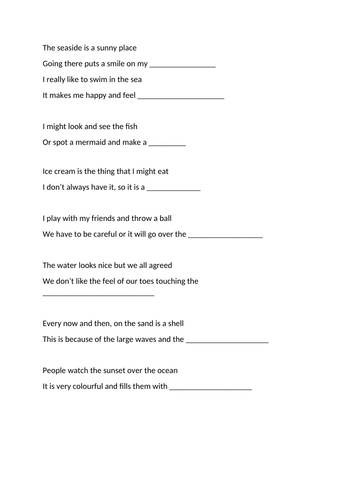 Seaside finish the rhyming couplets, based on Text That Teach A First Book of the Sea