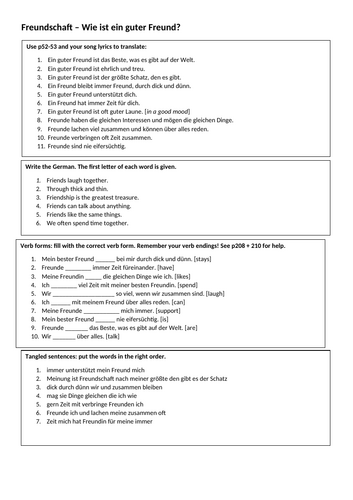 KS4 German Freundschaft vocabulary-buliding and grammar