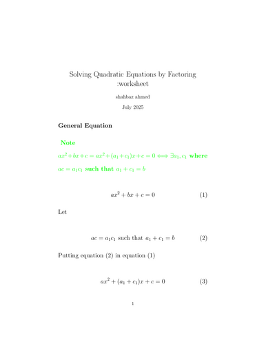 Solving Quadratic Equations by Factoring :worksheet