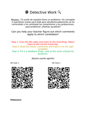 MFL GCSE Speaking Assessment Detective Activity, Spanish (Old Spec)