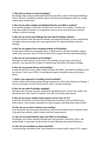 Psychology teacher interview questions and short answers