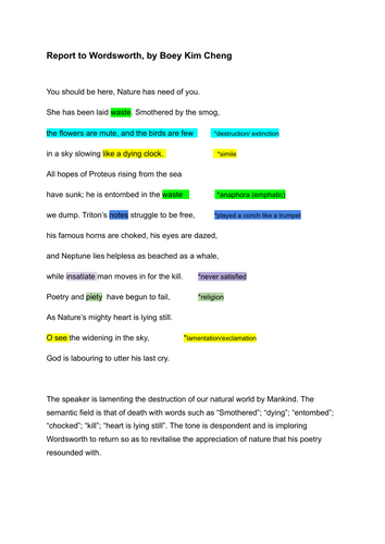iGCSE ENGLISH LITERATURE "Report to Wordsworth" level 9 analysis