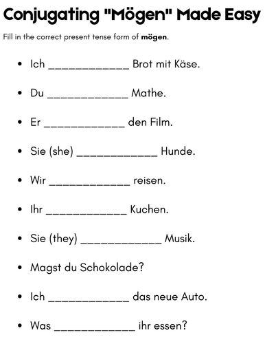 mogen verb conjugation german worksheets