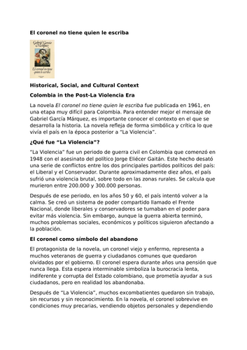 El coronel no tiene quien le escriba by Gabriel García Márquez – Historical Context