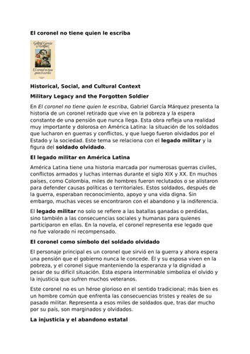 El coronel no tiene quien le escriba by Gabriel García Márquez – Historical Context