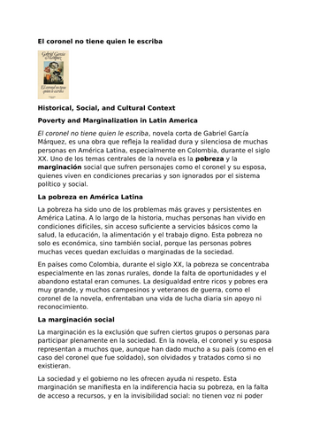 El coronel no tiene quien le escriba by Gabriel García Márquez – Context
