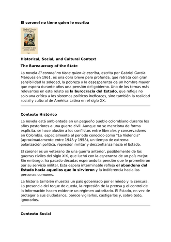 El coronel no tiene quien le escriba by Gabriel García Márquez – Context