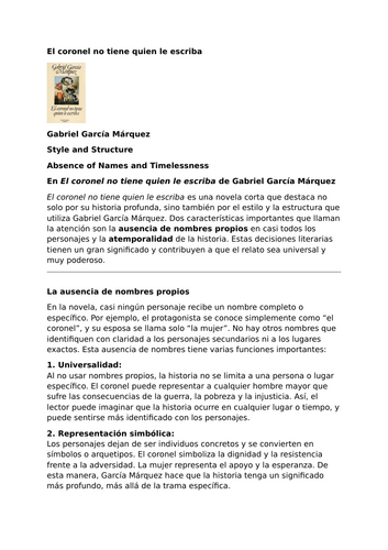 El coronel no tiene quien le escriba by Gabriel García Márquez – Style and Structure