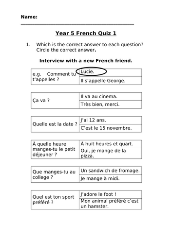 Year 5 french assessments