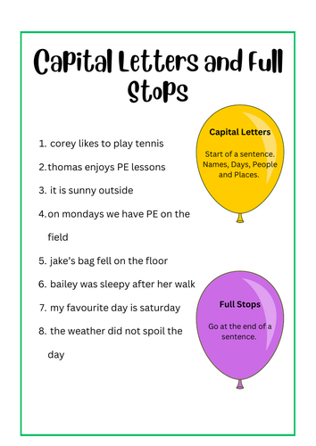 Capital Letters and Full Stops Worksheet