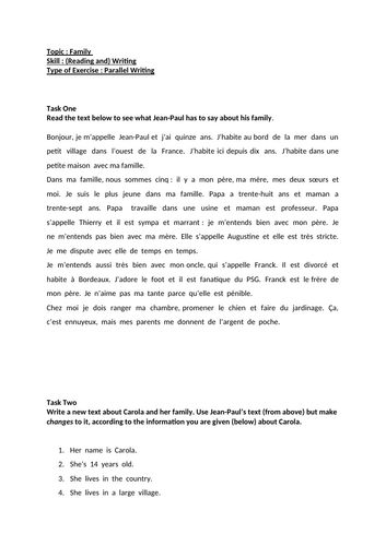 French, parallel-writing, 'ma famille.'