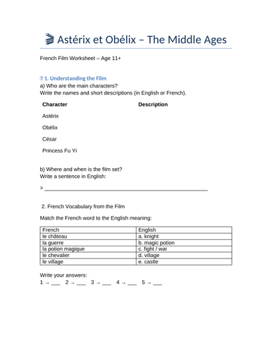 Worksheet Asterix and Obelix  the Middle ages