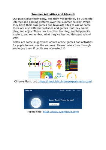 Free educational online games bank: Summer holidays support for pupils and families