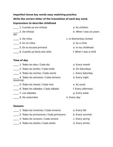 Imperfect tense key words easy matching practice