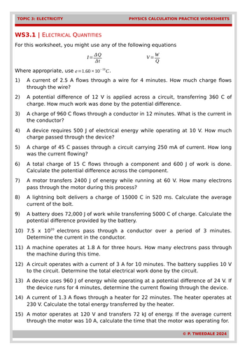 Electricity: Electrical Quantities Calculations