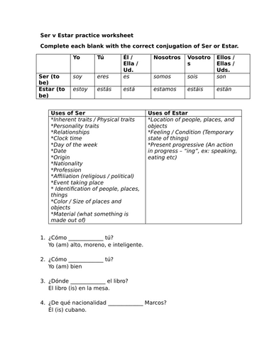 Ser v Estar practice worksheet