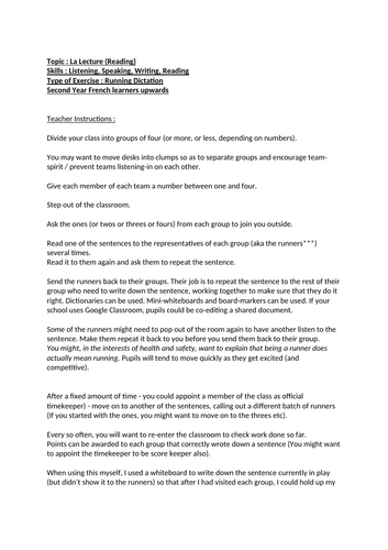 Running Dictation :  'La Lecture' (reading) vocabulary.