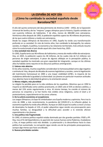 Spanish reading: Spanish society now