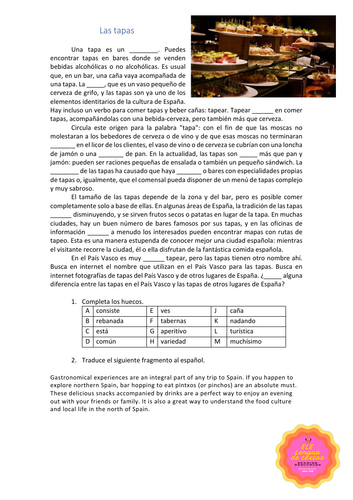 Tapas - Gap fill and translation - Spanish A level