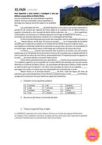 Machu Picchu – Gap Fill & Translation Worksheet (Spanish)  A level