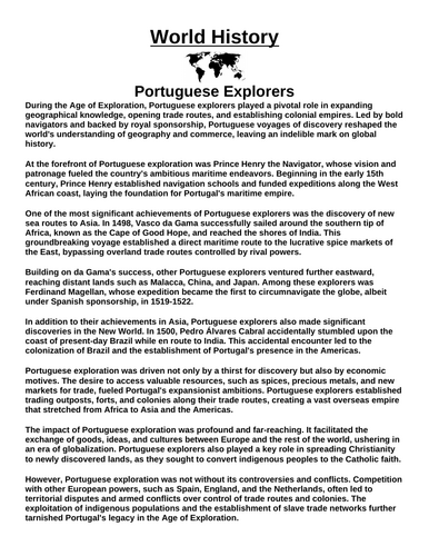 Portuguese Explorers “Article & Questions” Assignment