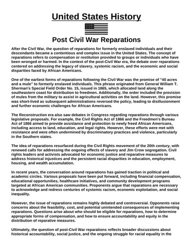Post Civil War Reparations “Article & Questions” Assignment