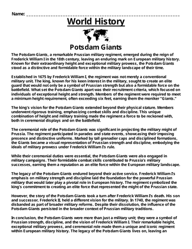 Potsdam Giants  “Article & Questions” Assignment