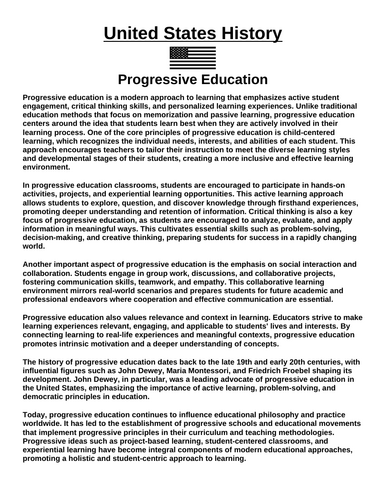 Progressive Education Article & Questions” Assignment