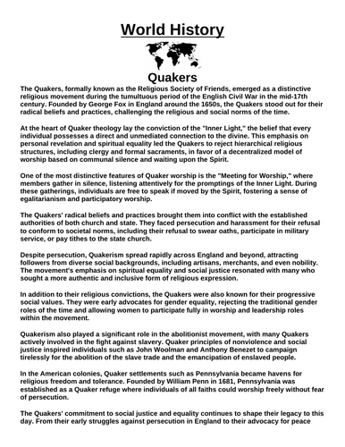 Quakers “Article & Questions” Assignment