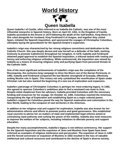 Queen Isabella “Article & Questions” Assignment