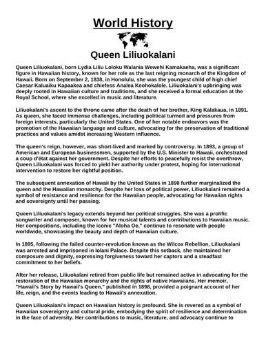 Queen Liliuokalani “Article & Questions” Assignment
