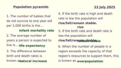 Y8 Population: population pyramids