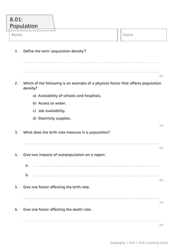 Y8 Population: tests, knowledge organiser, question bank, teacher's subject knowledge
