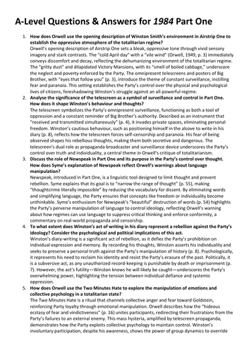 A Level Questions and Answers for 1984 by George Orwell