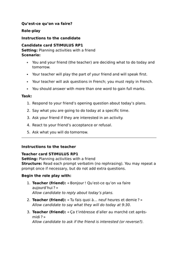 Pearson Edexcel / AQA GCSE French (Higher) - Module 1 - Qu'est-ce qu'on va faire? - Role-Play