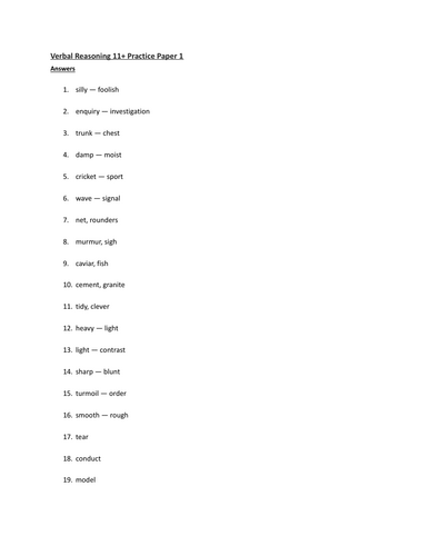 Verbal Reasoning 11+ Practice Paper 1 Answers