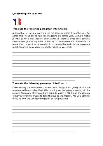Pearson Edexcel / AQA GCSE French (Higher) - Module 1 -  Qu'est-ce qu'on va faire? - Translation
