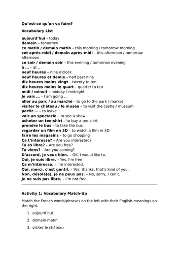 Pearson Edexcel / AQA GCSE French (Higher) - Module 1 - Qu'est-ce qu'on va faire? - Vocabulary