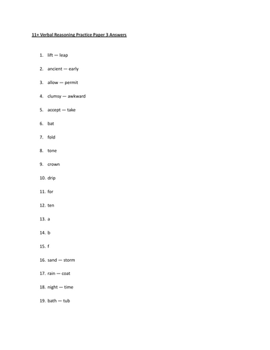 11+ Verbal Reasoning Practice Paper 3 answers