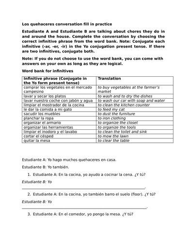 Los quehaceres conversation fill in practice