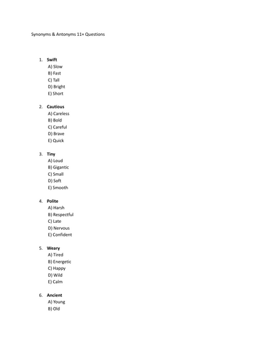 Synonyms & Antonyms 11+ Questions