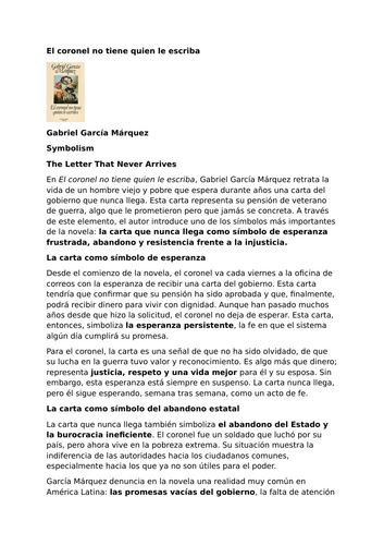 El coronel no tiene quien le escriba by Gabriel García Márquez – Symbolism – The Letter
